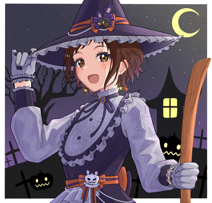 1girl absurdres bang_dream! broom brown_eyes brown_hair dress earrings frilled_dress frills gloves halloween hand_on_headwear hat hazawa_tsugumi highres jack-o'-lantern jewelry moon night nishiki_(nishiki4692) open_mouth short_hair smile solo upper_body witch witch_hat