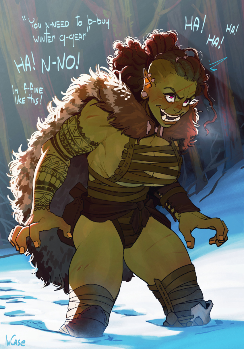 2022 arm_tattoo braided_hair breasts breath cape cleavage clothed clothing facial_scar female green_body green_skin hair hi_res humanoid humanoid_pointy_ears incase not_furry orc scar side_shave snow solo tattoo winter
