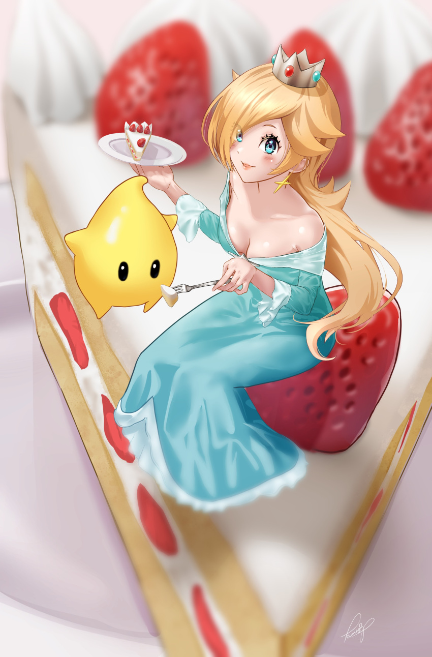 1girl absurdres bare_shoulders blonde_hair blue_dress blue_eyes blush breasts cake cleavage crown dress earrings eyes_visible_through_hair food fork hair_over_one_eye highres jewelry kurere1202 lips long_hair looking_at_viewer luma_(mario) mario_(series) nintendo one_eye_covered parted_lips plate rosalina signature sitting smile star_(symbol) star_earrings strawberry_shortcake super_mario_galaxy