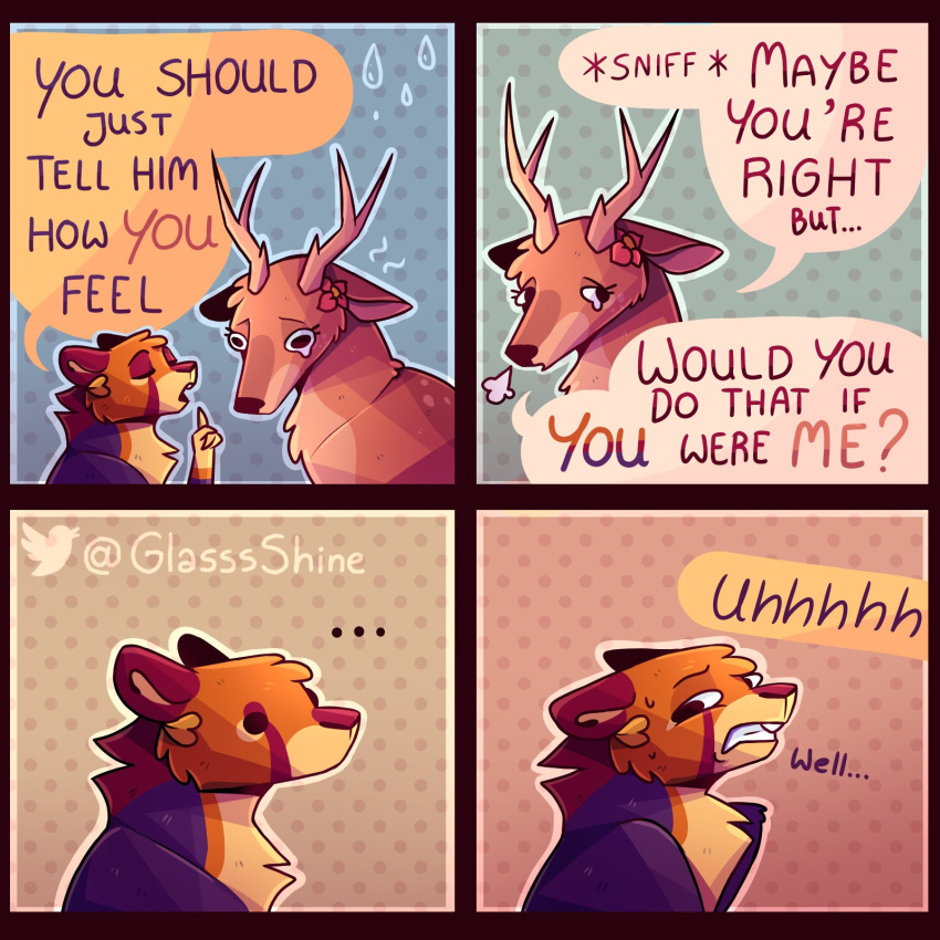 antlers bodily_fluids border comic crying deer dialogue duo ears_down english_text glassshine hi_res horn mammal pivoted_ears simple_background simple_eyes size_difference tears text