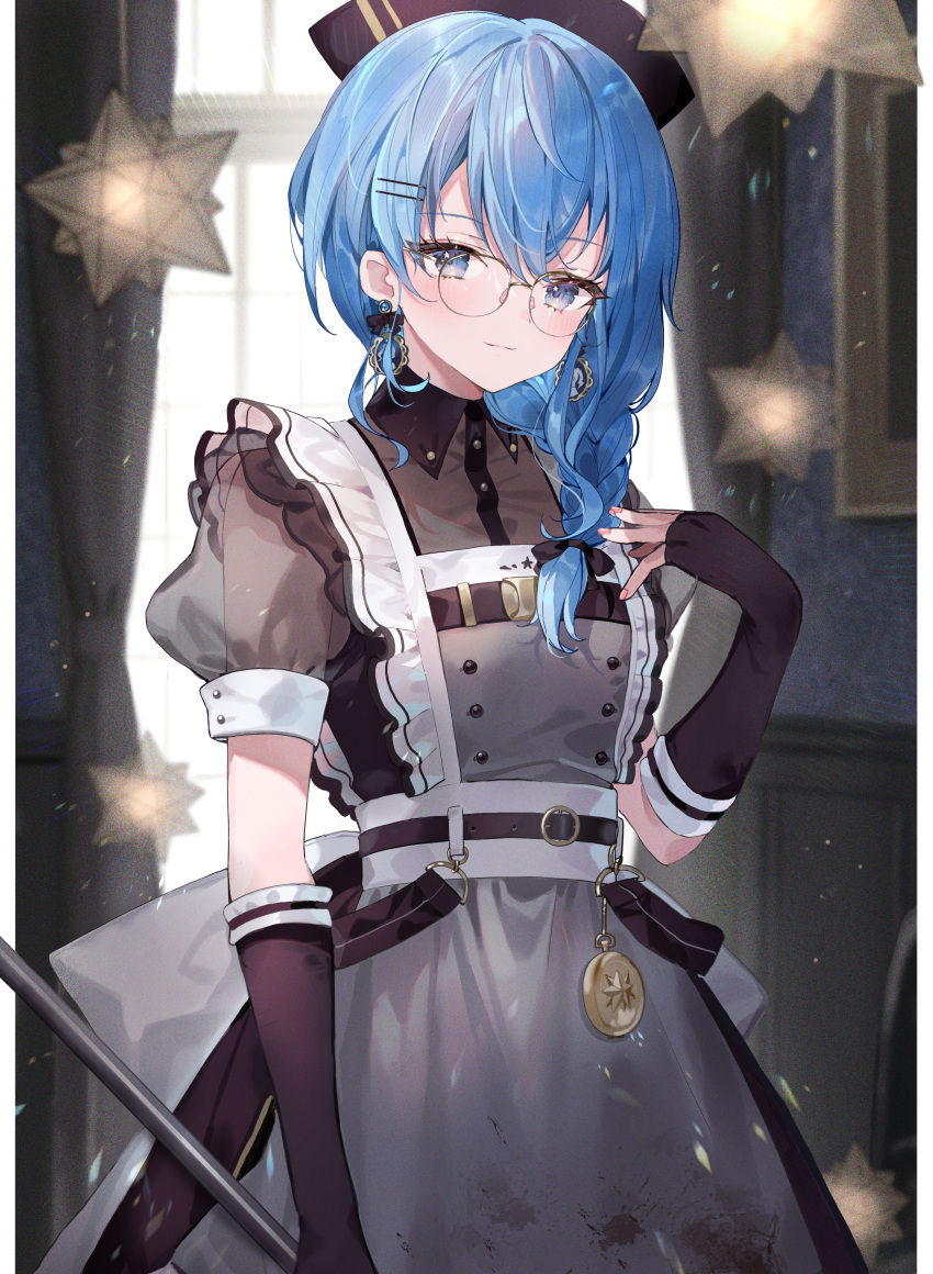 1girl absurdres apron bangs blue_eyes blue_hair blush braid fingerless_gloves glasses gloves grey_apron grey_headwear hair_between_eyes hair_ornament highres holding hololive hoshimachi_suisei indoors looking_at_viewer maid medium_hair pocket_watch puffy_short_sleeves puffy_sleeves see-through see-through_sleeves shiohana short_sleeves skirt skirt_set star_(symbol) star_in_eye symbol_in_eye virtual_youtuber watch