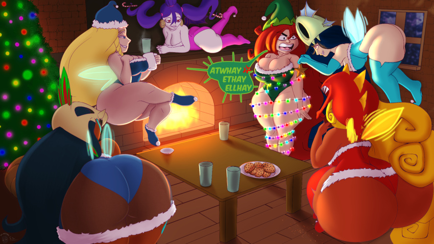 absurd_res bent_over betilla big_butt blonde_hair breasts butt christmas christmas_tree cleavage clothed clothing cookie fairy female flying food group hair hi_res holidays huge_butt n-kosi not_furry plant rayman_(series) thick_thighs tree ubisoft video_games