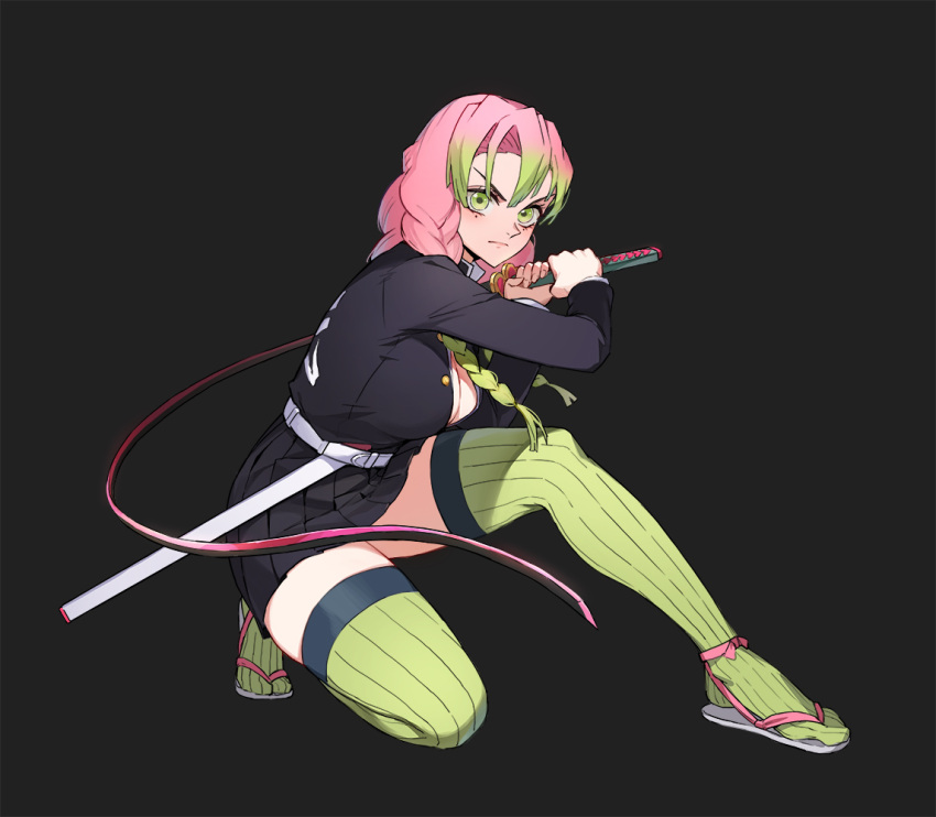 1girl bangs belt black_background black_jacket black_skirt breasts closed_mouth commentary full_body gradient_hair green_eyes green_hair high-waist_skirt high_collar holding holding_sword holding_weapon jacket jason_kim kanroji_mitsuri kimetsu_no_yaiba korean_commentary large_breasts long_hair long_sleeves looking_at_viewer miniskirt mole mole_under_eye multicolored_hair one_knee open_clothes open_jacket pink_hair pleated_skirt sandals sheath simple_background skirt solo sword thighhighs thighs tri_braids v-shaped_eyebrows weapon white_belt