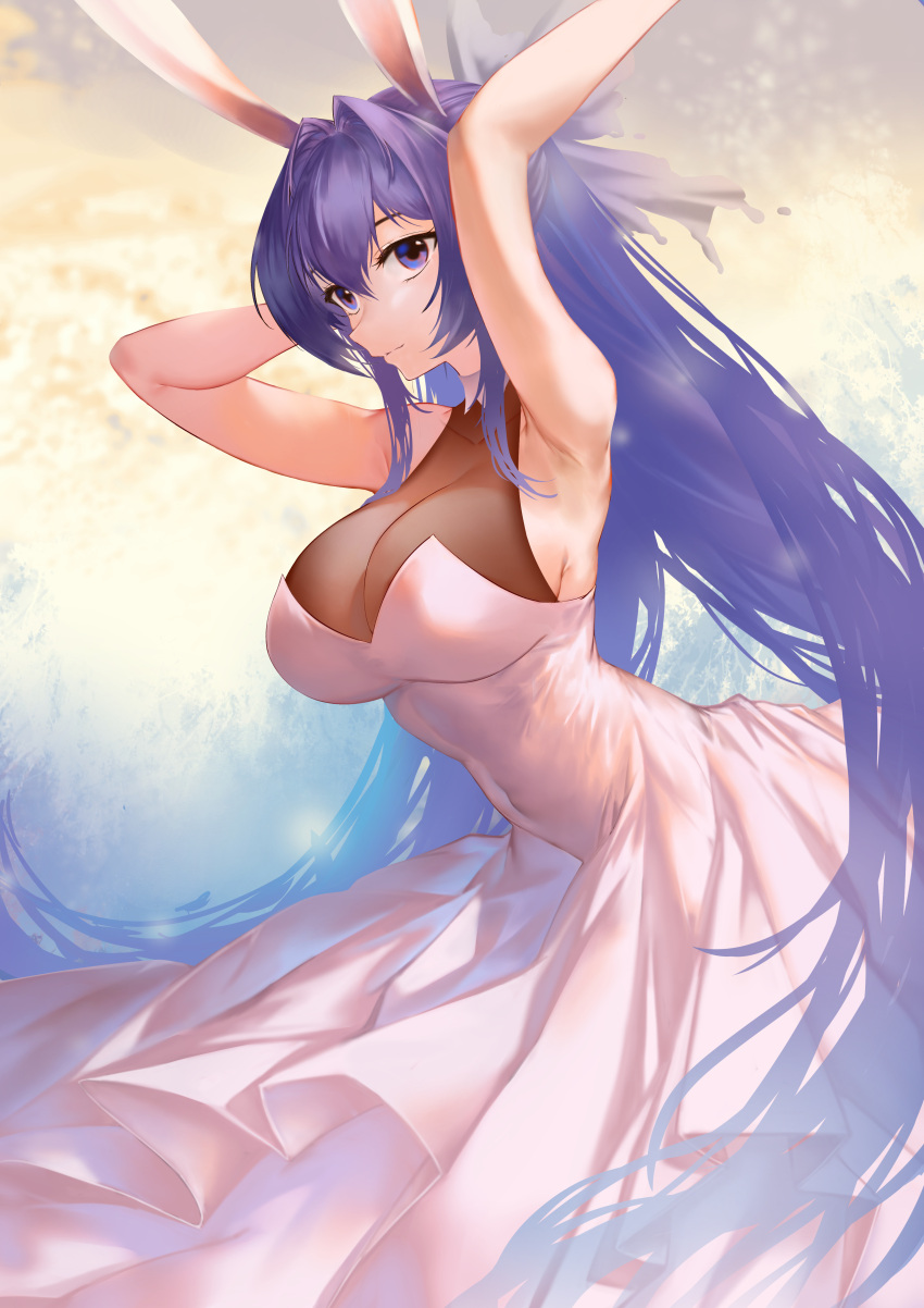 1girl absurdly_long_hair absurdres alternate_costume animal_ears arms_up azur_lane breasts cleavage dress eggshin from_side highres large_breasts long_dress long_hair new_jersey_(azur_lane) purple_eyes purple_hair rabbit_ears see-through see-through_dress sleeveless sleeveless_dress solo very_long_hair white_dress