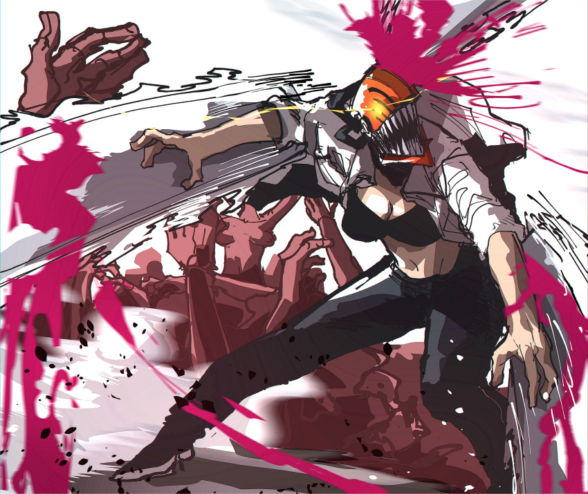 1girl absurdres black_pants blood blood_on_weapon blood_splatter breasts chainsaw chainsaw_man cleavage collared_shirt denji_(chainsaw_man) disembodied_limb facing_viewer genderswap genderswap_(mtf) glowing glowing_eye highres isaac_(screwballcomic) light_trail medium_breasts motion_lines open_clothes open_mouth pants pink_blood sharp_teeth shirt simple_background sleeves_rolled_up solo_focus teeth weapon white_background white_shirt