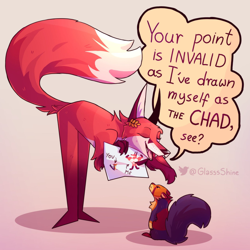 anthro canid canine dialogue duo english_text eyes_closed fluffy fluffy_tail fox fur glassshine hi_res hubert_(glassshine) mammal open_mouth orange_body orange_fur purple_body purple_fur red_body red_fur size_difference text white_body white_fur