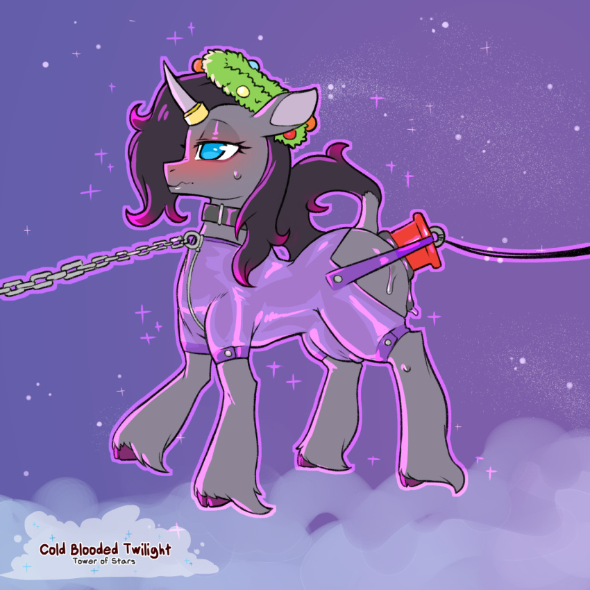 1:1 2022 anus blue_eyes blush chain clothing cold-blooded-twilight digital_media_(artwork) english_text equid equine eyelashes female feral hi_res horn mammal oleander_(tfh) outside sex_toy side_view solo text them's_fightin'_herds unicorn