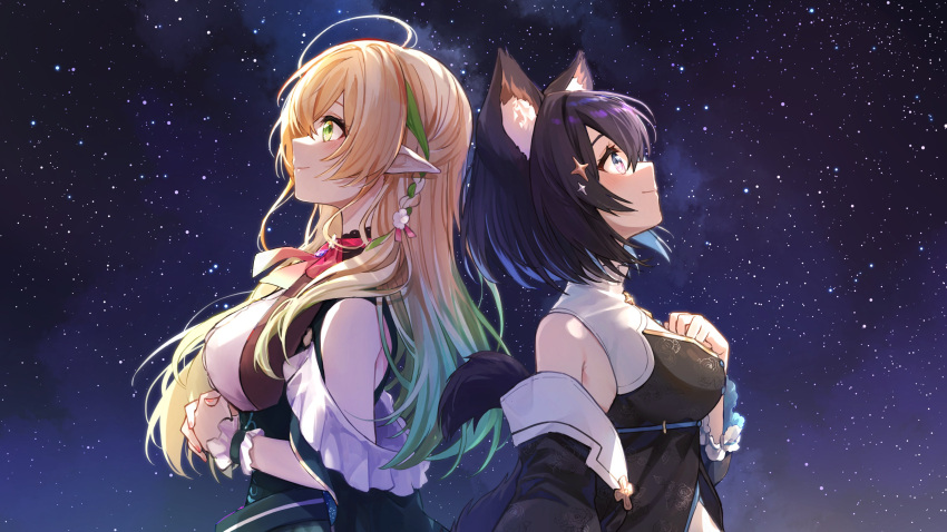 2girls absurdres ahoge animal_ear_fluff animal_ears back-to-back bare_shoulders belt black_dress black_hair black_jacket black_tail blonde_hair blue_hair braid breasts cape cat_ears cat_girl cat_tail cleavage_cutout clothing_cutout colored_inner_hair commentary_request dress flower from_side gradient_hair green_eyes green_hair green_skirt hair_between_eyes hair_flower hair_ornament hand_on_own_chest highres hoshina_suzu jacket light_smile long_hair looking_up loose_belt medium_breasts multicolored_eyes multicolored_hair multiple_girls neck_ribbon night night_sky off_shoulder pink_eyes pink_ribbon purple_eyes ribbon rinderon0722 saohime_yue shirt short_hair side_braid skirt sky sleeveless sleeveless_dress sparkle_hair_ornament star_(sky) starry_sky tail underbust upper_body virtual_youtuber wactor_production white_flower white_shirt wrist_cuffs