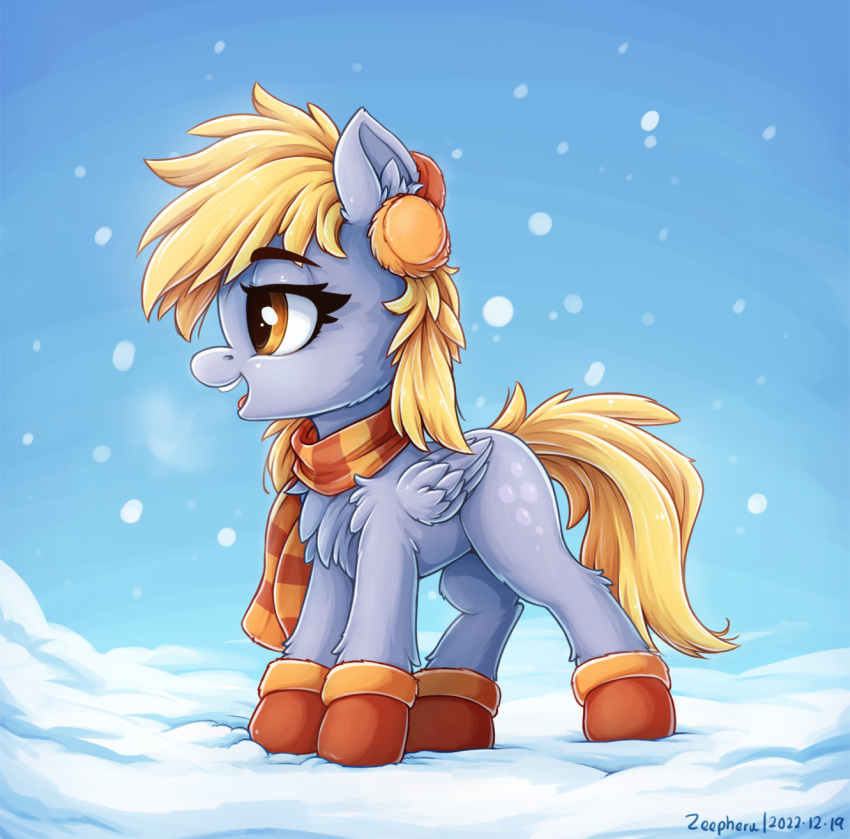 2022 blonde_hair breath chest_tuft clothing cutie_mark derpy_hooves_(mlp) digital_media_(artwork) earmuffs equid equine eyebrows eyelashes feathered_wings feathers female feral folded_wings footwear friendship_is_magic fur grey_body grey_feathers grey_fur hair half-closed_eyes hasbro hi_res inner_ear_fluff mammal my_little_pony narrowed_eyes open_mouth open_smile pegasus scarf shoes signature smile snow snowing solo tuft wings winter yellow_tail zeepheru_pone