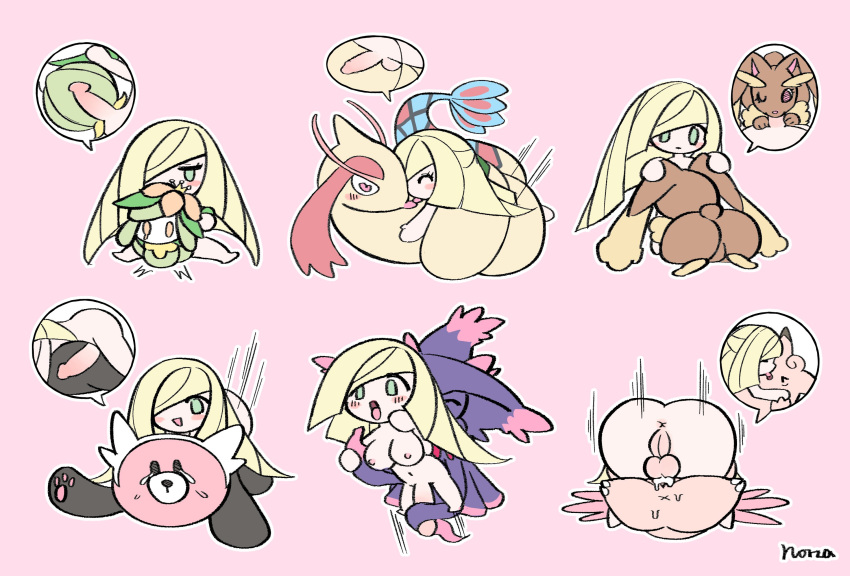 bewear blonde_hair breasts chibi clefable completely_nude fellatio futa_with_female futanari heart heart_in_eye highres interspecies large_breasts lilligant lopunny lusamine_(pokemon) mating_press milotic mismagius norza nude oral pink_background pokemon pokemon_(creature) pokemon_(game) pokemon_sm pokephilia sex symbol_in_eye tears