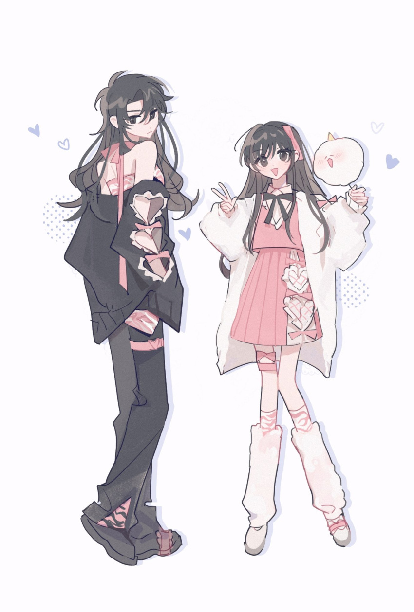 2girls bangs bare_shoulders black_eyes black_footwear black_hair black_jacket black_pants breasts closed_mouth clothing_cutout commentary creature dress full_body genderswap genderswap_(mtf) heart heart_cutout highres holding jacket kim_dokja long_hair long_sleeves looking_at_viewer looking_back multiple_girls off_shoulder omniscient_reader's_viewpoint open_clothes open_jacket open_mouth pants pink_dress pleated_dress shin_yoosung simple_background smile standing symbol-only_commentary v white_background white_footwear white_jacket ya_qaq yoo_joonghyuk