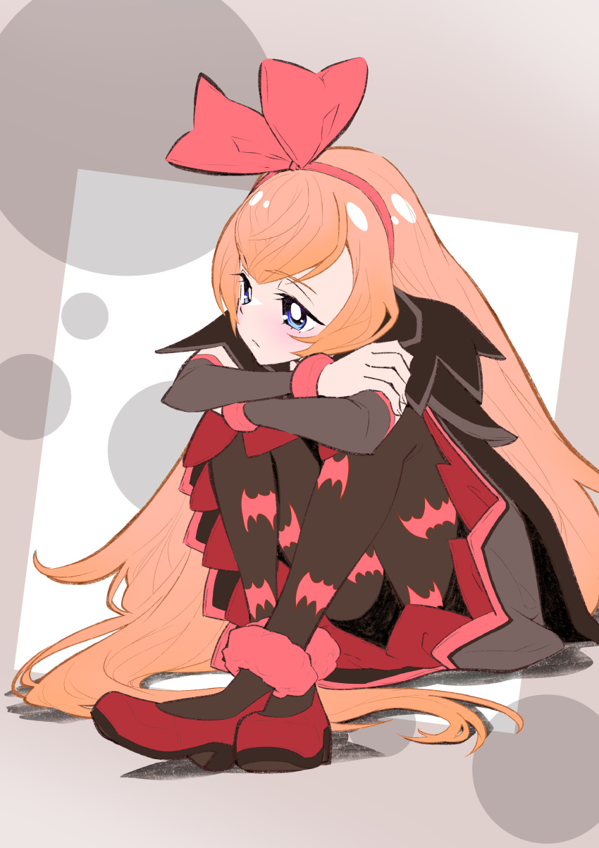 1girl absurdres animal_print bangs bat_print blonde_hair blue_eyes bow commentary_request cropped_jacket dokidoki!_precure dress grey_dress hair_bow highres itaoka1 long_hair pantyhose precure print_legwear red_footwear regina_(dokidoki!_precure) sitting solo very_long_hair