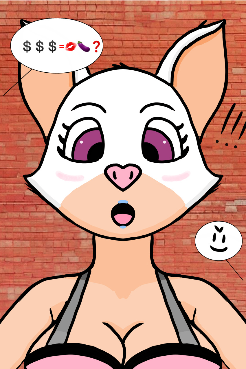 absurd_res alley animal_humanoid anthro anuvisur_(artist) bat big_breasts blush breasts clothed clothing digital_media_(artwork) female fur hair hi_res huge_breasts humanoid looking_at_viewer makeup mammal money open_mouth outside rouge_the_bat sega simple_background solo solo_focus sonic_the_hedgehog_(series) text thick_thighs topwear video_games white_body white_fur