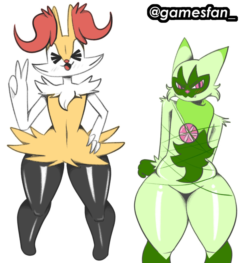 absurd_res ambiguous_gender anthro belly black_body black_fur blush blush_lines braixen chest_tuft claws dark_body dark_fur duo eyes_closed fangs fluffy fur gamesfan generation_6_pokemon generation_9_pokemon gesture green_body green_fur hi_res light_body light_fur looking_at_viewer meowscarada navel nintendo open_mouth pink_eyes pokemon pokemon_(species) red_body red_fur shoulder_tuft signature slightly_chubby thick_thighs tongue tuft v_sign video_games white_body white_fur wide_hips