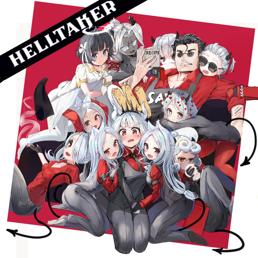 1boy 6+girls absurdres angel animal_ears arm_grab azazel_(helltaker) beelzebub_(helltaker) behind_screen black_gloves black_hair black_horns black_necktie black_suit black_vest blue_eyes blush cerberus_(helltaker) cross cup demon_girl demon_horns demon_tail food formal gloves heart heart-shaped_pupils helltaker helltaker_(character) highres horns judgement_(helltaker) justice_(helltaker) kneeing lucifer_(helltaker) malina_(helltaker) modeus_(helltaker) mole mole_under_eye multiple_girls necktie pancake pandemonica_(helltaker) plate red_eyes red_shirt round_eyewear sei1siki shirt smoke suit sunglasses symbol-shaped_pupils tail vest white_hair white_horns zdrada_(helltaker)