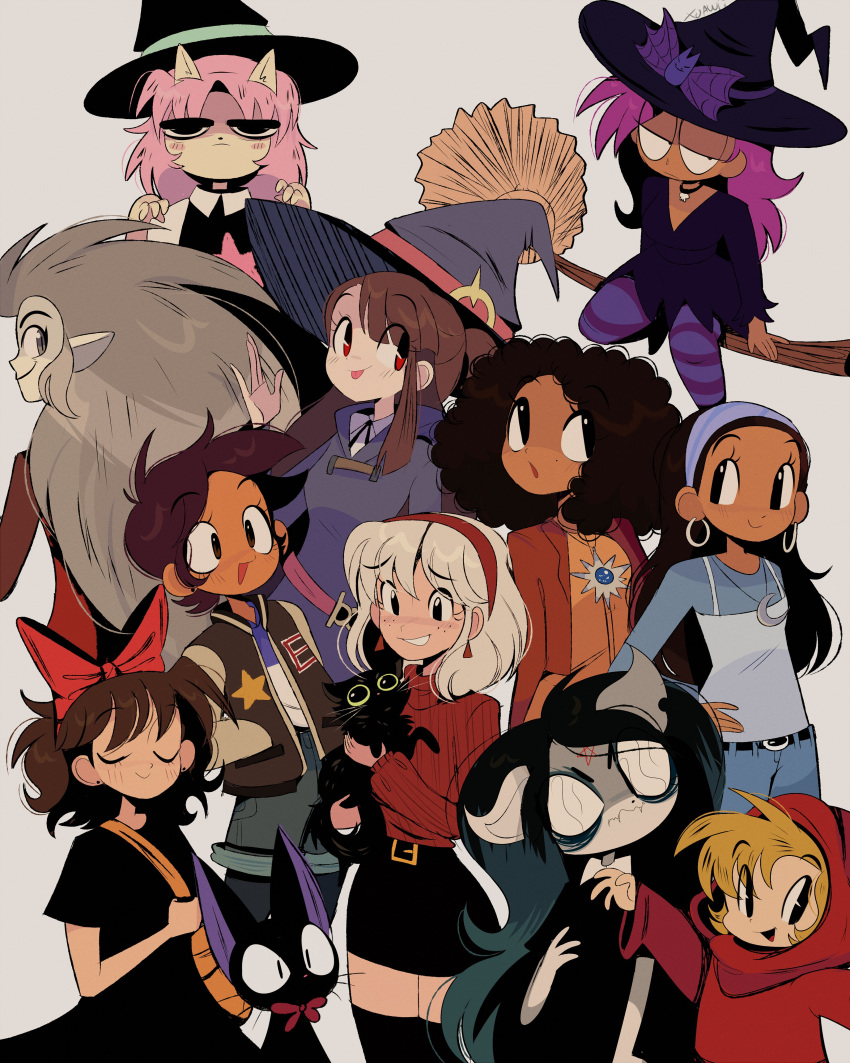 6+girls absurdres alexandra_fielding animal animal_ears auri_(xoauri) bangs black_cat black_dress black_eyes black_hair black_skirt black_thighhighs blonde_hair blue_hair bob_cut bow broom broom_riding brown_eyes brown_hair camryn_barnes cat claire_d'lune collared_dress crescent curly_hair dark-skinned_female dark_skin dress earrings edalyn_clawthorne enid_(ok_k.o.!) facial_mark fangs flying freckles furry furry_female grey_background grey_eyes grey_hair hair_bow hands_on_hips hat headband highres holding holding_animal holding_cat hoop_earrings jacket jewelry jiji_(majo_no_takkyuubin) kagari_atsuko kiki_(majo_no_takkyuubin) letterman_jacket little_witch_academia long_hair looking_at_viewer luna_nova_school_uniform luz_noceda majo_no_takkyuubin medium_hair multiple_girls necklace pale_skin pantyhose pentagram pink_hair pointy_ears purple_hair red_bow red_eyes red_headband red_hood red_jacket red_sweater sabrina_spellman school_uniform short_hair shorts siblings simple_background skirt star_(symbol) summer_camp_island sun_symbol susie_mccallister sweater the_owl_house the_summoning thighhighs trait_connection turtleneck turtleneck_sweater twins twitches very_long_hair wendy_the_good_little_witch white_hair witch witch_hat