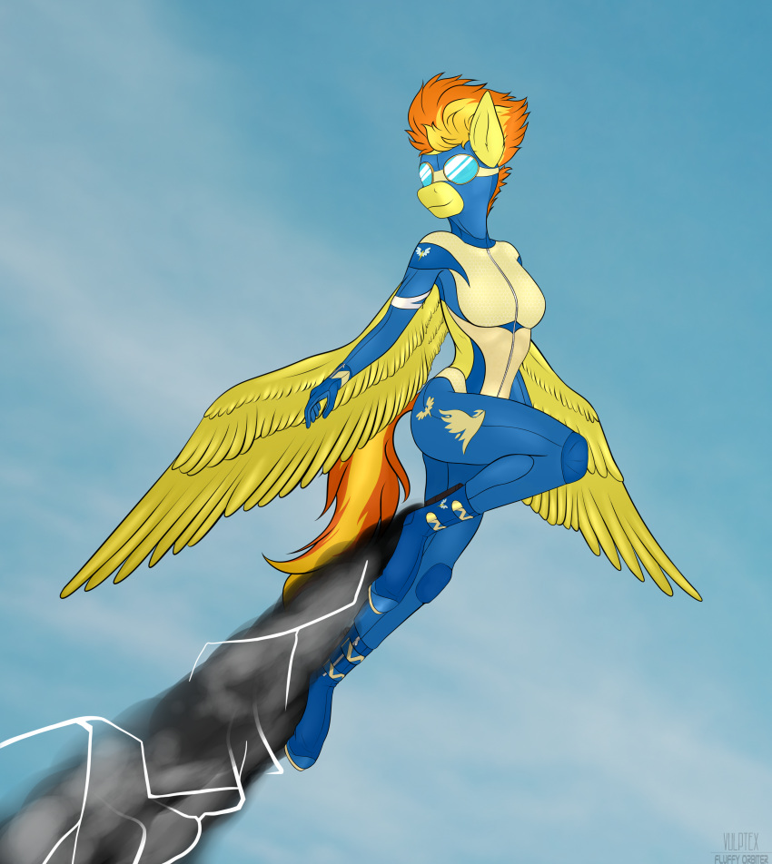 5_fingers absurd_res anthro anthrofied clothing digital_media_(artwork) equid equine eyewear feathered_wings feathers female fingers fluffyorbiter friendship_is_magic goggles hair hasbro hi_res mammal my_little_pony orange_hair orange_tail pegasus sky smile smoke solo spitfire_(mlp) unguligrade uniform wings wonderbolts_(mlp) wonderbolts_uniform yellow_body yellow_feathers