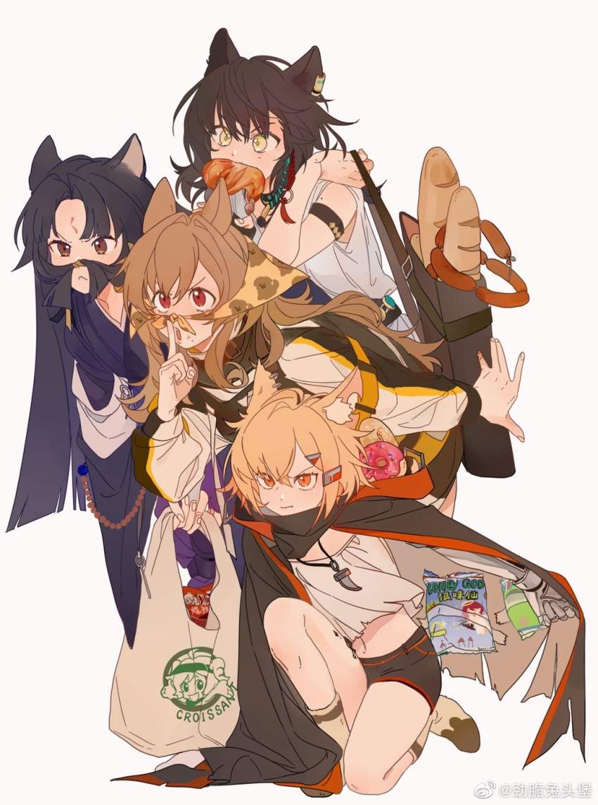 4girls animal_ears arknights bag bag_of_chips baguette bandana bandana_over_mouth beads bread cameo cape ceobe_(arknights) croissant_(arknights) cup_ramen dog_ears dog_girl doughnut earrings english_text exusiai_(arknights) food fox_ears fox_girl highres jewelry latutou1 linked_sausages lunacub_(arknights) mixed-language_text multiple_girls nian_(arknights) oripathy_lesion_(arknights) plastic_bag prayer_beads prosthesis prosthetic_arm quiver saga_(arknights) shorts vermeil_(arknights) white_background wolf_ears wolf_girl