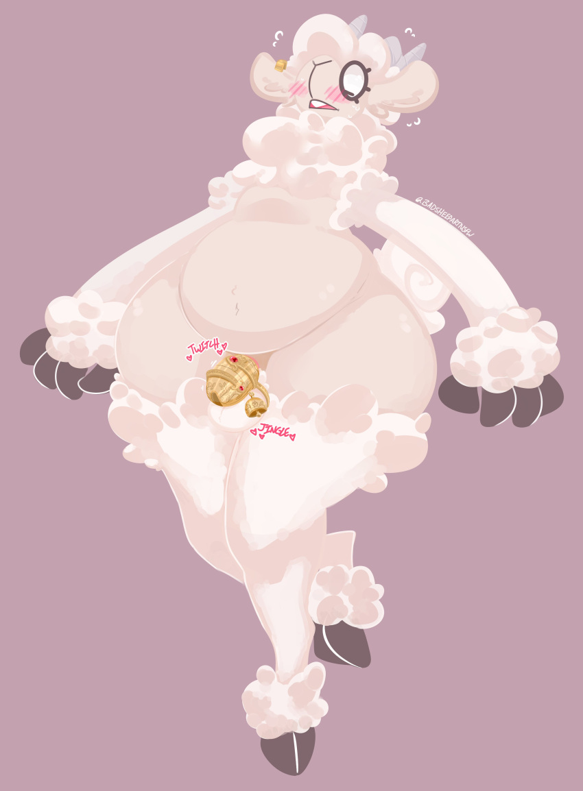 &lt;3 absurd_res ankle_tuft anthro arm_tuft badsheep balls blush bovid caprine chastity_cage chastity_device ear_piercing ear_ring fur gail genitals hi_res hooves horn leg_tuft looking_down male mammal neck_tuft open_mouth piercing pink_background ring_piercing sheep simple_background solo standing text tuft white_body white_fur wide_hips wrist_tuft