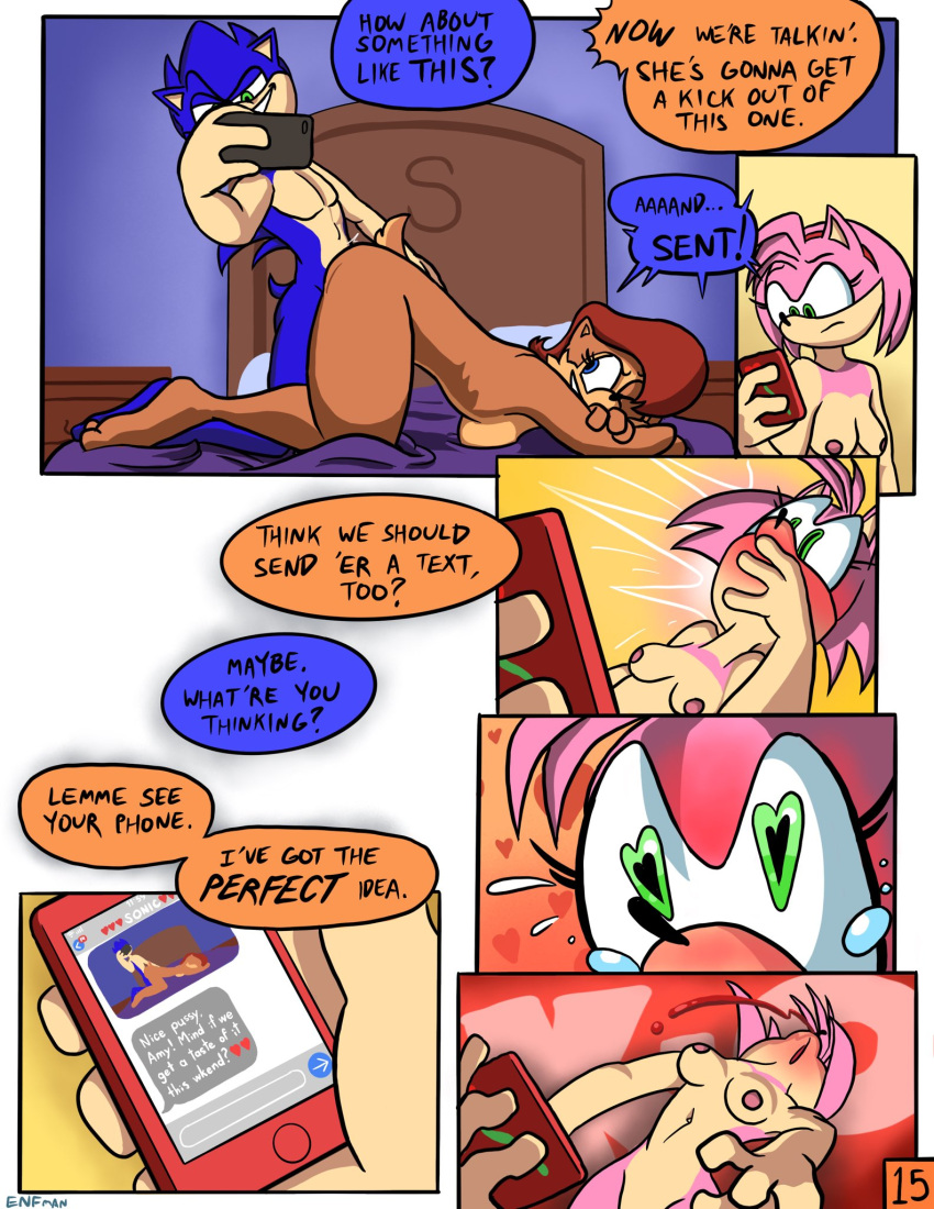 &lt;3 &lt;3_eyes amy_rose anthro archie_comics bed blood blue_body blue_fur blush bodily_fluids breasts brown_body brown_fur chipmunk colored comic dialogue english_text eulipotyphlan feet female fur furniture ground_squirrel group hair hedgehog hi_res inside k.o. male male/female mammal nipples nosebleed phone phone_screen photo pink_body pink_fur rodent sally_acorn sciurid sega sex shocked signature sonic_the_hedgehog sonic_the_hedgehog_(archie) sonic_the_hedgehog_(comics) sonic_the_hedgehog_(series) speech_bubble text texting theenfman trio