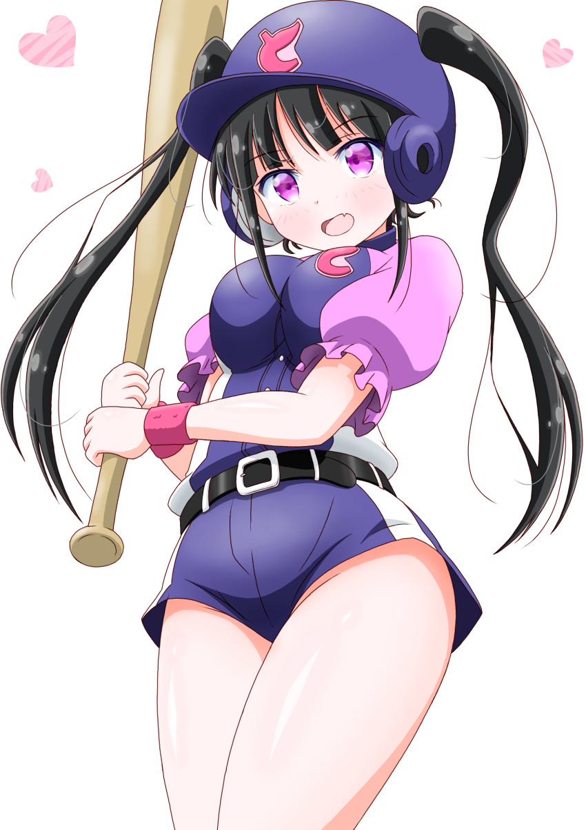 1girl :d akiba_maid_sensou alternate_breast_size bangs baseball_bat baseball_helmet belt black_belt black_hair cowboy_shot heart helmet highres imai_kazunari long_hair looking_at_viewer maid puffy_short_sleeves puffy_sleeves purple_eyes short_sleeves simple_background smile solo standing thighs white_background wristband yumechi_(akiba_maid_sensou)