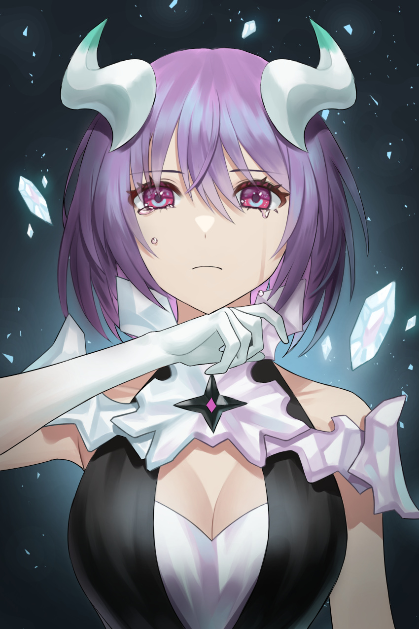 1girl absurdres another_eden bare_shoulders black_dress breasts cleavage closed_mouth crying crystal dalmo_(pafe2444) dragon_girl dragon_horns dress elbow_gloves eva_(another_eden) gloves hair_between_eyes highres horns looking_at_viewer medium_breasts purple_eyes purple_hair short_hair sleeveless sleeveless_dress solo tears upper_body white_gloves