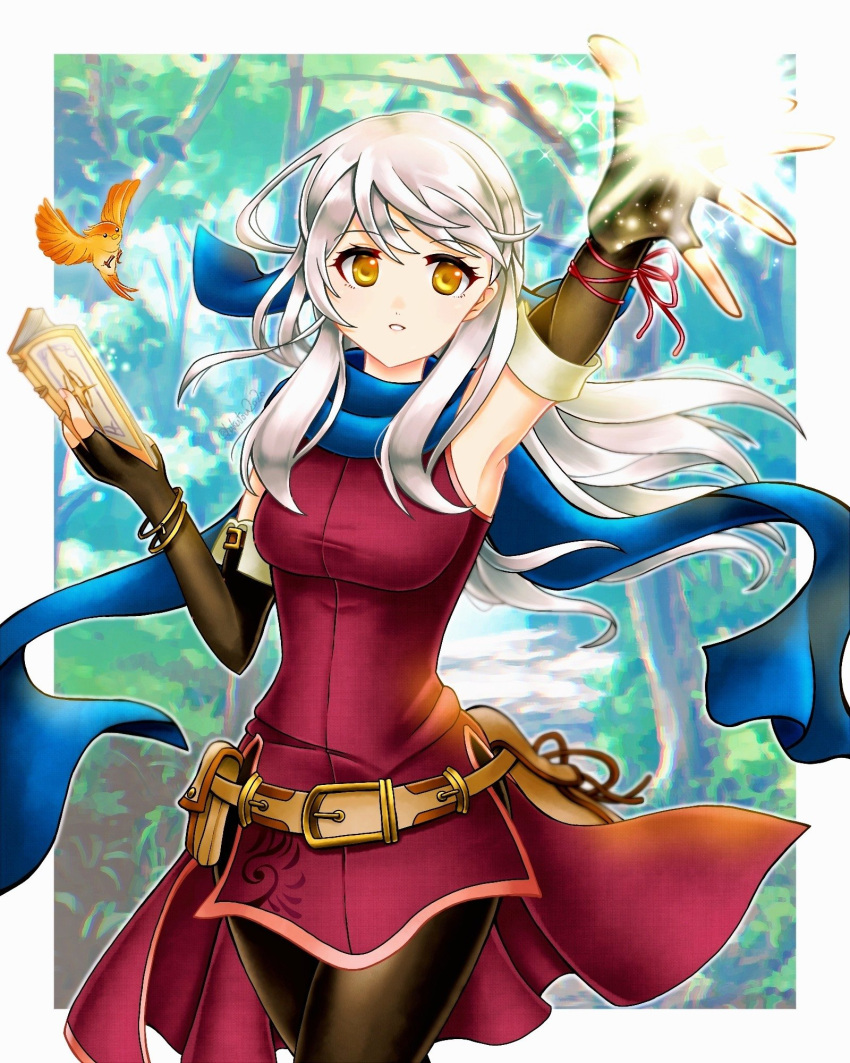 1girl arm_up armpits bangs bare_shoulders belt bird black_gloves black_leggings blue_scarf book border bracelet cowboy_shot dress elbow_gloves fingerless_gloves fire_emblem fire_emblem:_radiant_dawn foreshortening gloves grey_hair hair_ribbon hakutou2020 half_updo highres holding holding_book jewelry leggings long_hair micaiah_(fire_emblem) reaching_towards_viewer ribbon scarf side_slit sleeveless sleeveless_dress solo white_border yellow_eyes yune_(fire_emblem)