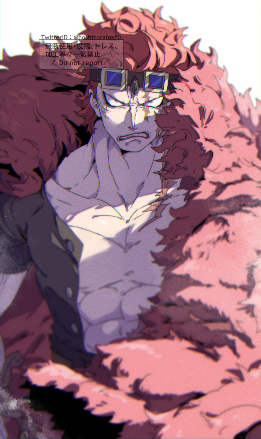1boy abs absurdres angry artist_name black_shirt buttons cape clenched_teeth collarbone commentary_request eustass_captain_kid fur_cape glaring goggles goggles_on_head highres hoshikawa_(hoshizorafes) looking_at_viewer male_focus muscular muscular_male one_piece open_clothes open_shirt parted_lips pectorals red_cape red_hair scar scar_on_chest scar_on_face shirt short_hair short_sleeves simple_background solo spiked_hair teeth twitter_username upper_body v-shaped_eyes watermark white_background