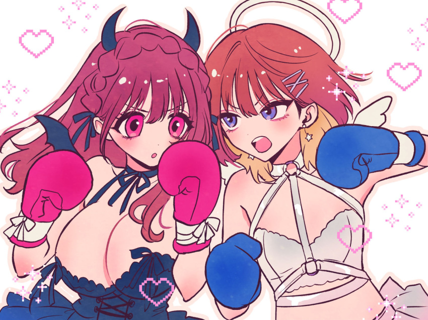 2girls akiyama_enma angel_and_devil angel_wings blonde_hair blue_eyes boxing_gloves braid breasts brown_hair chest_harness cleavage colored_inner_hair crop_top crown_braid demon_horns demon_wings dress earrings eye_contact fighting flat_chest hair_ornament hairclip halo harness heart heart_background highres horns jewelry kimi_ni_koisuru_satsujinki large_breasts long_hair looking_at_another multicolored_hair multiple_girls neck_ribbon o-ring open_mouth orange_hair pink_eyes ribbon star_(symbol) star_earrings tareme tsurime upper_body wings x_hair_ornament