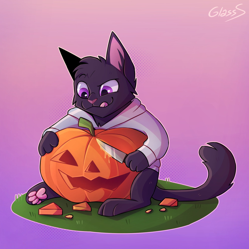 1:1 4_toes anthro black_body black_fur bottomless carving clothed clothing feet felid feline food fruit fur glassshine grass hi_res hoodie hoodie_only jack-o'-lantern knife mammal pink_nose pink_tongue plant pumpkin purple_eyes simple_background solo toes tongue topwear topwear_only