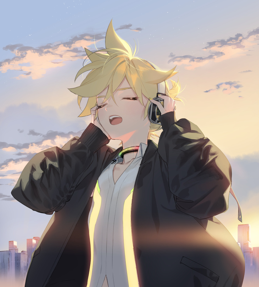 1boy bishounen blonde_hair blurry blurry_background building closed_eyes day headset highres kagamine_len male_focus morning naoko_(naonocoto) open_mouth outdoors short_hair skyscraper teeth upper_teeth_only vocaloid