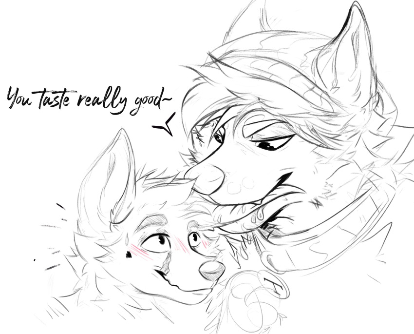 anthro beanie bite blush blush_lines bodily_fluids canid canine canis clothing collar domestic_dog duo ear_bite fennec fox hat headgear headwear hi_res male male/male mammal medallion saliva size_difference sketch terry_skai terryskaii_(artist) text