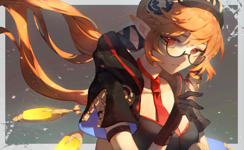 1girl another_eden black_gloves black_hairband black_shirt breasts glasses gloves grey_background hair_between_eyes hairband highres long_hair looking_at_viewer low_twintails medium_breasts necktie official_alternate_costume orange_hair parted_lips pointy_ears red_eyes red_necktie ruina_(another_eden) shirt short_sleeves solo twintails upper_body user_vyxc7227
