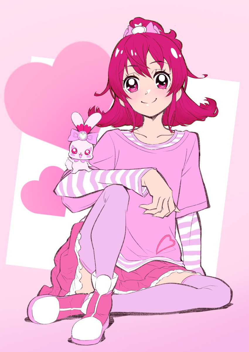 1girl absurdres aida_mana bangs commentary_request dokidoki!_precure half_updo heart highres itaoka1 pink_eyes pink_hair pink_skirt pink_sleeves pink_thighhighs precure sharuru_(dokidoki!_precure) shirt shirt_under_shirt sitting skirt smile solo striped striped_shirt thighhighs