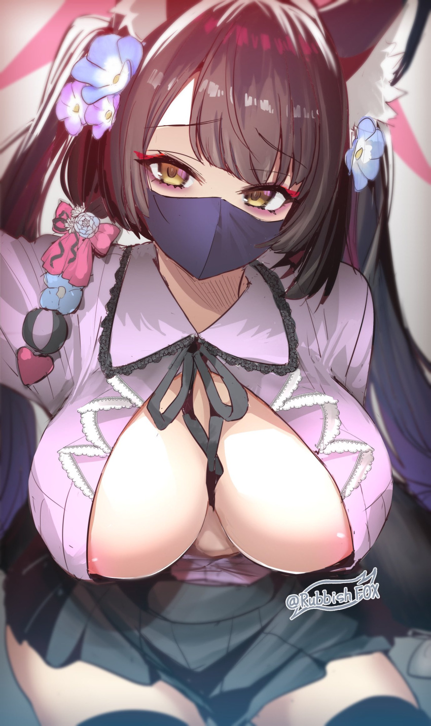 1girl animal_ear_fluff animal_ears areola_slip bangs black_hair black_skirt black_thighhighs blue_archive blush breasts eyeliner flower fox_ears hair_flower hair_ornament halo highres large_breasts long_hair long_sleeves looking_at_viewer makeup mask mouth_mask multicolored_hair open_clothes open_shirt purple_shirt red_hair shirt skirt solo thighhighs twintails two-tone_hair wakamo_(blue_archive) wisespeak yellow_eyes