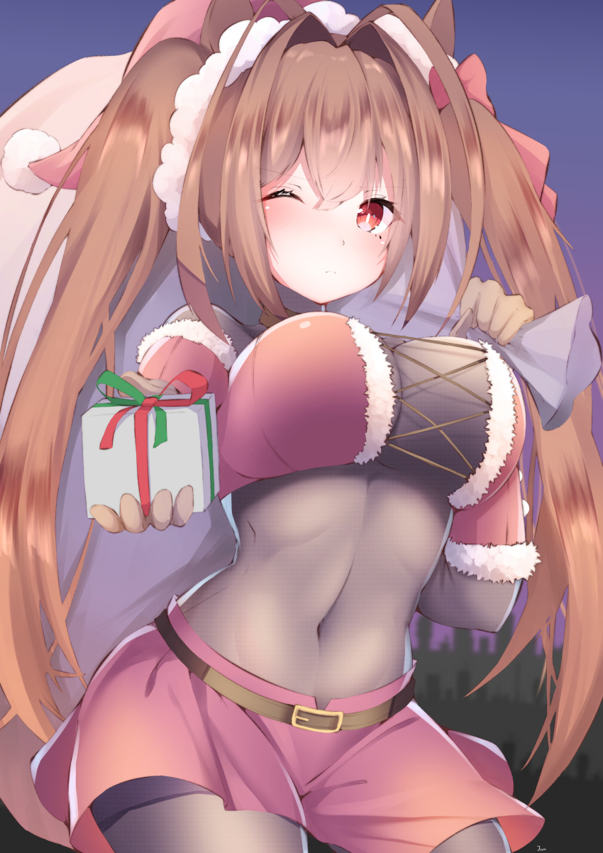 1girl absurdres antenna_hair bangs belt black_belt black_bodysuit blush bodysuit brown_hair christmas closed_mouth commentary covered_navel crop_top daiwa_scarlet_(umamusume) frown fur-trimmed_gloves fur-trimmed_shirt fur_trim gift giving gloves hair_intakes hat highres holding holding_gift holding_sack jam_(jamjam777) long_hair looking_at_viewer night outdoors over_shoulder red_eyes red_gloves red_headwear red_shirt red_shorts sack santa_costume santa_gloves santa_hat shirt short_shorts shorts solo standing twintails umamusume very_long_hair