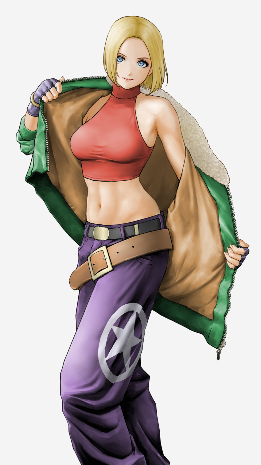 1girl baggy_pants bangs belt black_belt blonde_hair blue_eyes blue_mary breasts brown_belt crop_top feet_out_of_frame fingerless_gloves fur-trimmed_jacket fur_trim gloves green_jacket halterneck highres jacket jacket_partially_removed looking_at_viewer loose_belt medium_breasts midriff multiple_belts navel pants parted_bangs purple_pants red_shirt shirt short_hair single_bare_shoulder smile solo standing the_king_of_fighters toned white_background x_chitch