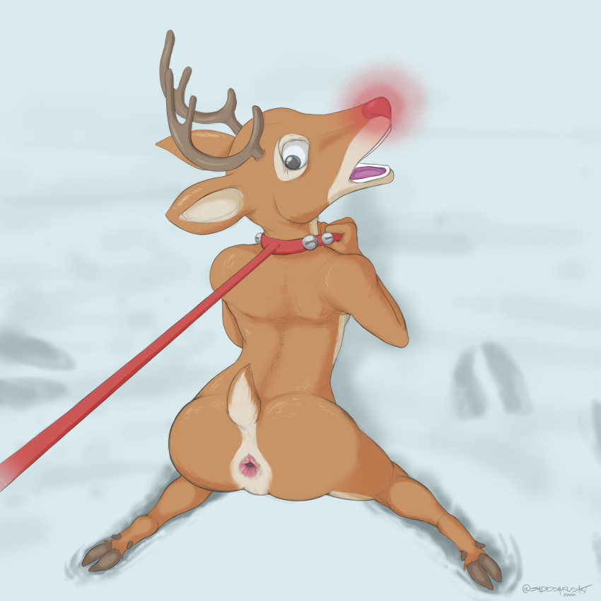 absurd_res anthro antlers anus arched_back bdsm bell bent_over bondage bound brown_body brown_fur butt capreoline deer first_person_view footprint fur glowing glowing_nose hi_res holding_leash holding_object hooves horn jingle_bell kneeling leash leashing_pov looking_back male mammal multicolored_body multicolored_fur open_mouth reindeer rudolph_the_red-nosed_reindeer sadosaurus snow solo solo_focus two_tone_body two_tone_fur