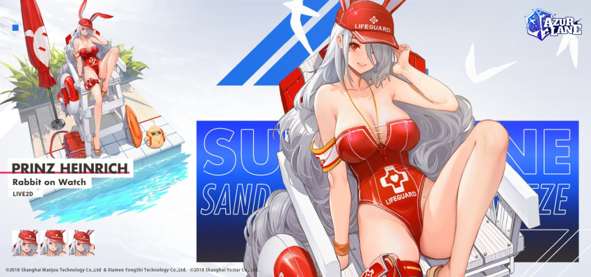 1girl absurdly_long_hair animal_ears azur_lane bare_shoulders baseball_cap beach_umbrella breasts character_name cleavage closed_umbrella collarbone dishwasher1910 doughnut_innertube english_commentary expressions fake_animal_ears full_body grey_hair hair_over_one_eye hat highleg highleg_swimsuit highres large_breasts leg_up lifebuoy lifeguard lifeguard_chair long_hair looking_at_viewer manjuu_(azur_lane) official_alternate_costume official_art one-piece_swimsuit pool prinz_heinrich_(azur_lane) prinz_heinrich_(rabbit_on_watch)_(azur_lane) promotional_art red_eyes red_headwear red_one-piece_swimsuit sandals solo strapless strapless_swimsuit sunglasses swimsuit thigh_pouch umbrella very_long_hair water whistle whistle_around_neck white_hair