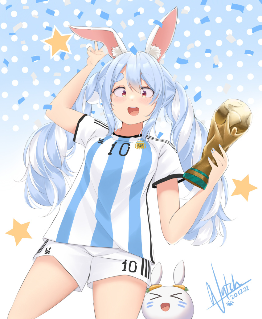 1girl 2022_fifa_world_cup absurdres animal_ears argentina bangs blue_hair braid breasts bunny-shaped_pupils fifa_world_cup_trophy highres hikimayu hololive hololive_fantasy long_hair looking_at_viewer natch_imaycz nousagi_(usada_pekora) orange_eyes rabbit_ears rabbit_girl shirt short_eyebrows sidelocks simple_background small_breasts smile sportswear striped striped_shirt swept_bangs symbol-shaped_pupils thick_eyebrows twin_braids twintails usada_pekora virtual_youtuber world_cup