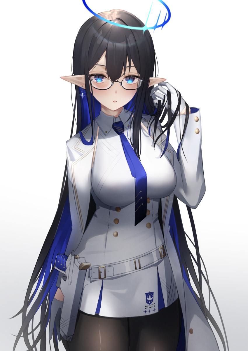 1girl absurdres belt black_hair blue_archive blue_eyes blue_hair blue_necktie breasts coat collared_dress colored_inner_hair dress e_buki glasses gloves halo hand_in_own_hair hand_up highres holster holstered_weapon large_breasts long_hair multicolored_hair necktie pantyhose pointy_ears rin_(blue_archive) semi-rimless_eyewear white_background white_belt white_coat white_gloves