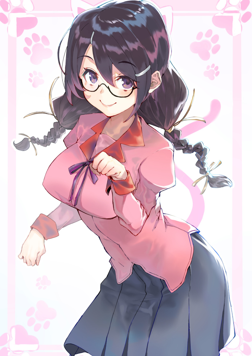 1girl absurdres animal_ears bakemonogatari bangs blush border breasts cat_ears cat_tail closed_mouth commentary curled_fingers drawn_ears drawn_tail fake_animal_ears fake_tail glasses grey_skirt hair_between_eyes hair_ornament hair_ribbon hairclip hanekawa_tsubasa haruto624 highres large_breasts long_hair long_sleeves looking_at_viewer monogatari_(series) naoetsu_high_school_uniform neck_ribbon outside_border paw_pose paw_print pink_border pink_shirt pleated_skirt puffy_sleeves purple_eyes purple_hair purple_ribbon ribbon round_eyewear school_uniform semi-rimless_eyewear shirt skirt smile tail under-rim_eyewear upturned_eyes yellow_ribbon