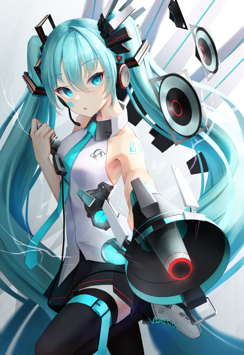 1girl 39 absurdres bangs barcode barcode_tattoo blue_eyes blue_hair blush cable collared_shirt facial_mark hair_ornament hatsune_miku headphones headset highres holding holding_megaphone holding_microphone long_hair megaphone microphone microphone_cord necktie parted_lips pleated_skirt shin_insh shirt shoes skirt sleeveless sleeveless_shirt sneakers solo standing standing_on_one_leg tattoo thighhighs twintails very_long_hair vocaloid