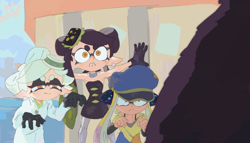 +_+ 1boy 3girls absurdres agent_3_(splatoon) angry armpits asymmetrical_hair bare_arms bare_shoulders black_hair black_jumpsuit blue_headwear bow-shaped_hair callie_(splatoon) cel_shading choker claw_pose clenched_hands collarbone domino_mask dress earrings fighting_stance food food_on_head frown gradient_hair grey_pantyhose half-closed_eyes hat highres idol jacket jewelry jumpsuit long_eyelashes long_hair mangedugruau marie_(splatoon) mask mole mole_under_eye mr._grizz_(splatoon) multicolored_hair multiple_girls narrow_waist object_on_head outstretched_arms pantyhose parody patchwork_clothes peaked_cap short_hair short_jumpsuit splatoon_(series) splatoon_3 spread_arms squidbeak_splatoon staring strapless strapless_dress sushi tentacle_hair thick_eyebrows turning_red very_long_hair white_hair white_jacket yellow_eyes