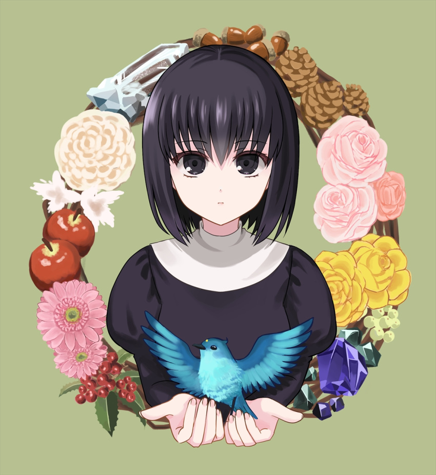 1girl animal bangs bird black_dress black_eyes black_hair blue_bird cherry closed_mouth commentary_request cropped_torso dress fingernails flower food fruit hair_between_eyes highres holding holding_animal juliet_sleeves kageniwa kuonji_alice long_sleeves looking_at_viewer lost_robin_rondo mahou_tsukai_no_yoru nut_(food) pink_flower pink_rose puffy_sleeves rose short_hair yellow_flower yellow_rose