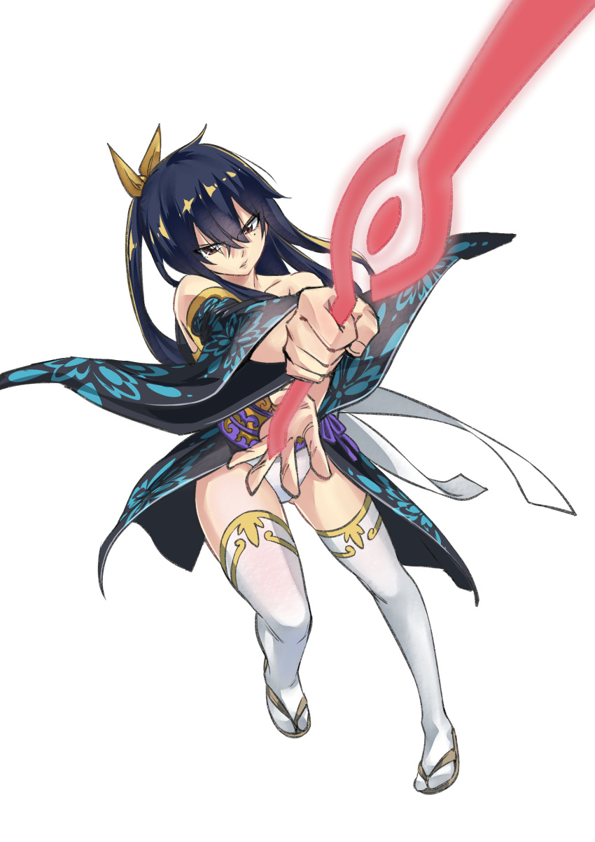 1girl absurdres bangs blue_hair bow breasts dark_blue_hair detached_sleeves eden's_zero full_body hair_between_eyes hair_bow highres holding holding_sword holding_weapon homura_kogetsu large_breasts long_hair looking_at_viewer mashima_hiro mole mole_under_eye official_art red_eyes sandals solo sword thighhighs very_long_hair weapon