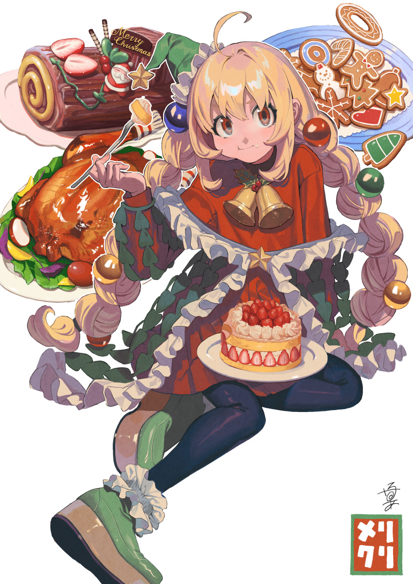 1girl :t absurdres ahoge artist_name bangs bell black_pantyhose blonde_hair braid brown_eyes cake christmas christmas_cake closed_mouth commentary_request cookie dress english_text food food_focus food_on_face frilled_dress frills gingerbread_man green_dress green_footwear green_headwear hat_ornament highres holding holding_food ka_4maki long_hair looking_at_viewer low_twin_braids low_twintails meal medium_dress merry_christmas neck_bell original pantyhose red_dress shoes signature sitting solo star_(symbol) star_hat_ornament tilted_headwear translated turkey_(food) twin_braids twintails two-tone_dress white_background yokozuwari yule_log