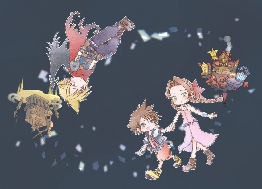 1girl 2boys aerith_gainsborough armor bangs bare_shoulders belt black_pants blonde_hair blue_eyes blue_shirt bluelimbo8888 boots bracelet braid braided_ponytail brown_footwear brown_hair building chain_necklace chibi cloak cloud_strife colosseum demon_wings dress final_fantasy final_fantasy_vii fingerless_gloves full_body gloves green_eyes grey_background hair_ribbon highres holding_hands jacket jewelry jumpsuit kingdom_hearts long_hair looking_at_another multiple_belts multiple_boys necklace official_alternate_costume open_mouth pants parted_bangs parted_lips pink_dress purple_belt red_cloak red_jumpsuit red_ribbon ribbon shirt short_hair short_jumpsuit short_sleeves shoulder_armor sidelocks single_wing sleeveless sleeveless_dress sleeveless_turtleneck smile sora_(kingdom_hearts) spiked_hair thigh_strap torn_clothes turtleneck upside-down walking wings yellow_footwear