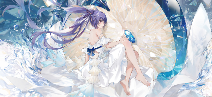 1girl absurdres alternate_costume apple apple_core back_bow bangs bare_back bare_shoulders barefoot blue_apple blue_bow blue_gemstone bow butterfly_hair_ornament cone_hair_bun crystal double_bun dress feet floating_hair food frilled_dress frills from_above fruit full_body gem genshin_impact hair_bun hair_ornament highres keqing_(genshin_impact) long_hair looking_afar looking_to_the_side off-shoulder_dress off_shoulder parted_lips profile purple_eyes purple_hair short_sleeves sidelocks soles solo swkl:d toes twintails very_long_hair water white_dress