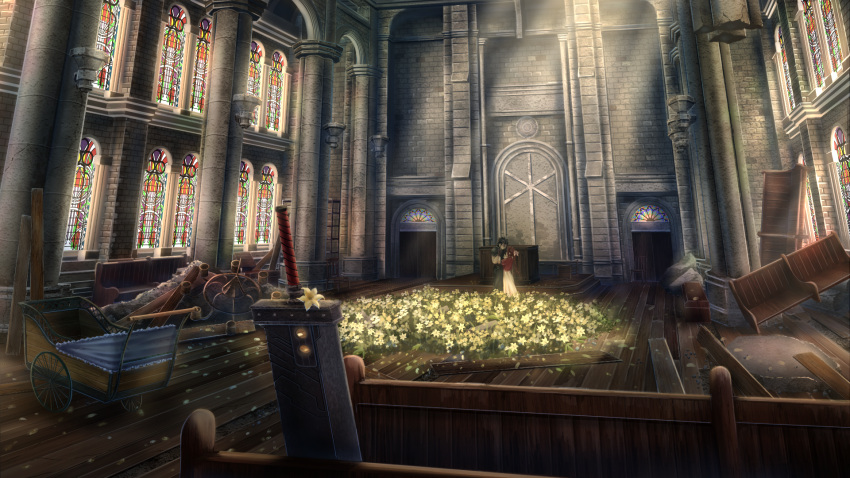 1boy 1girl aerith_gainsborough armor bench black_hair braid braided_ponytail brown_hair buster_sword chandelier church column couple crisis_core_final_fantasy_vii dress final_fantasy final_fantasy_vii final_fantasy_vii_remake flower gloves hair_ribbon highres holding_hands indoors jacket light_rays long_hair petals pillar pink_dress pink_ribbon planted planted_sword red_jacket ribbon sabishikunai scenery shoulder_armor standing sword wagon weapon yellow_flower zack_fair